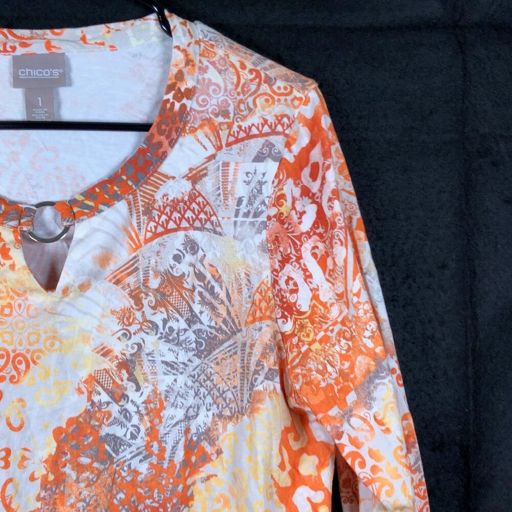 Chicos Womens Blouse Multicolored Paisley 3/4 Sleeve Front Key Hole 1 (M) - Picture 5 of 11
